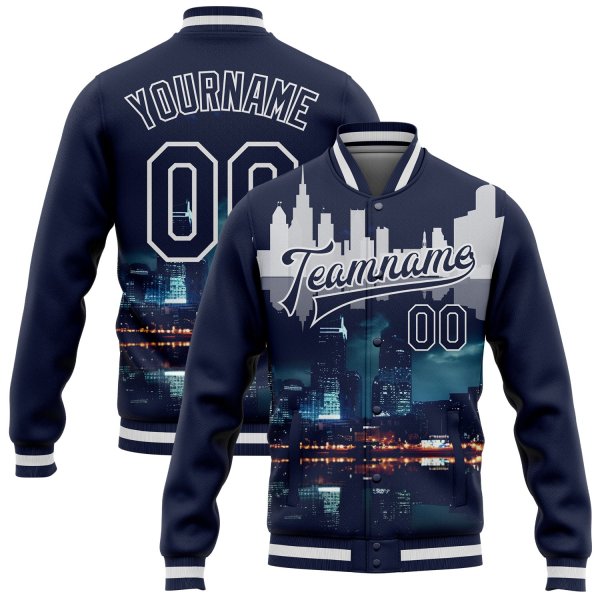 Custom Navy White Detroit Michigan City Edition 3D Bomber Full-Snap Varsity Letterman Jacket