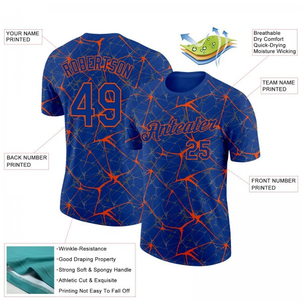 Custom Royal Orange 3D Pattern Design Abstract Network Performance T-Shirt