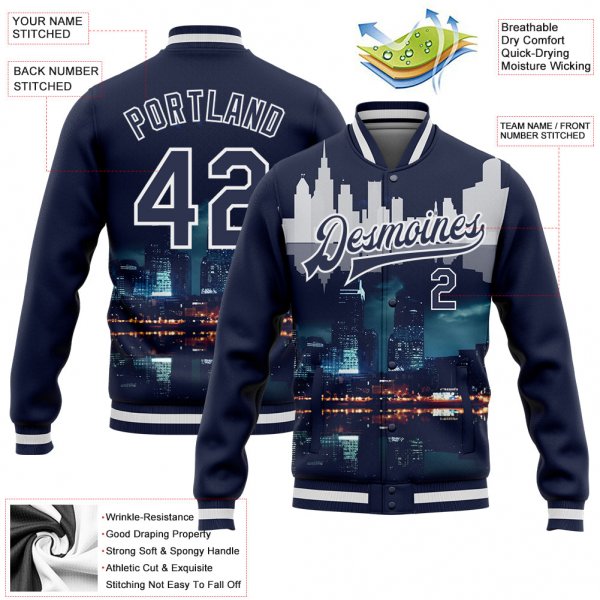 Custom Navy White Detroit Michigan City Edition 3D Bomber Full-Snap Varsity Letterman Jacket